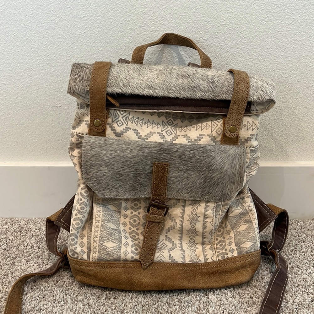 Myra Bag Handmade Commovente Backpack Upcycled Canvas & Cowhide Leather